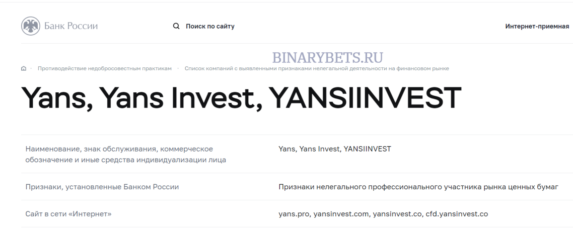 Yans Invest отзывы лохотрон